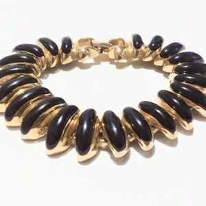 Vintage Erwin Pearl Gold Tone Black Enamel Chunky Link Bracelet